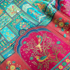 Pure Banarasi Dola Silk Soft Brocade with Position Print on Firozi Base with Pink Border