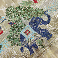 Embroidered Dyeable Shimmer Tissue Fabric with Elephant & Trees Border