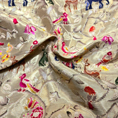 Pure Banarasi Silk Brocade with Animal and Nature Motifs on Golden Base