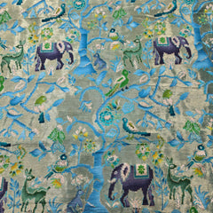 Pure Banarasi Silk Brocade with Animal and Nature Motifs on Sky Blue Base