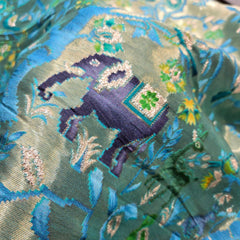 Pure Banarasi Silk Brocade with Animal and Nature Motifs on Sky Blue Base