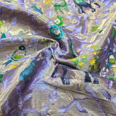 Pure Banarasi Silk Brocade with Animal and Birds Motifs on Lilac Base