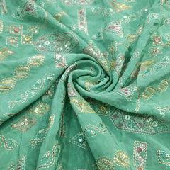 Embroidered Sequin Resham on Crepe Fabric with Geometric & Bird Motifs on Mint Green Base