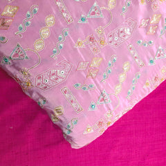 Embroidered Sequin Resham on Crepe Fabric with Geometric & Bird Motifs on Pastel Pink Base