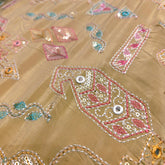 Embroidered Sequin Resham on Crepe Fabric with Geometric & Bird Motifs on Beige Base