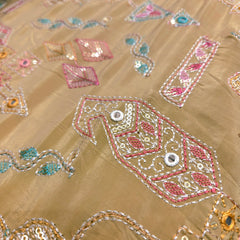 Embroidered Sequin Resham on Crepe Fabric with Geometric & Bird Motifs on Beige Base