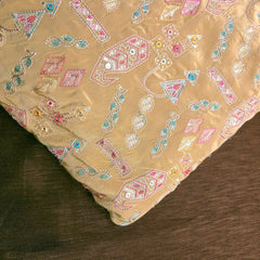 Embroidered Sequin Resham on Crepe Fabric with Geometric & Bird Motifs on Beige Base