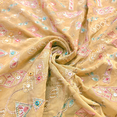 Embroidered Sequin Resham on Crepe Fabric with Geometric & Bird Motifs on Beige Base