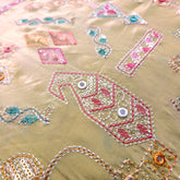 Embroidered Sequin Resham on Crepe Fabric with Geometric & Bird Motifs on Light Beige Base