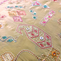 Embroidered Sequin Resham on Crepe Fabric with Geometric & Bird Motifs on Light Beige Base