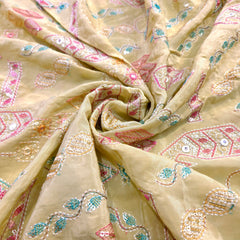 Embroidered Sequin Resham on Crepe Fabric with Geometric & Bird Motifs on Light Beige Base