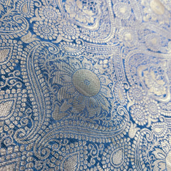 Royal Blue Banarasi Brocade Fabric with Floral and Paisley Motifs