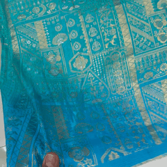 Pure Banarasi Dola Silk Soft Brocade with Position Print on Parrot Green to Turquoise Ombre