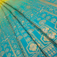 Pure Banarasi Dola Silk Soft Brocade with Position Print on Parrot Green to Turquoise Ombre