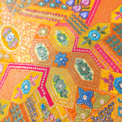 Pure Banarasi Dola Silk Soft Brocade with Multicolor Position Print on Mustard Yellow Base