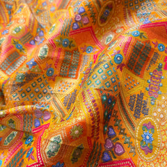 Pure Banarasi Dola Silk Soft Brocade with Multicolor Position Print on Mustard Yellow Base