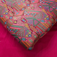 Pure Banarasi Silk Soft Brocade with Multicolor Position Print on Pink Base