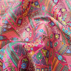 Pure Banarasi Silk Soft Brocade with Multicolor Position Print on Pink Base