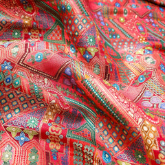Pure Banarasi Silk Soft Brocade with Multicolor Position Print on Red Base