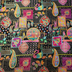 Pure Banarasi Silk Brocade with Multicolor Position of Swan & Paisley Print on Black Base