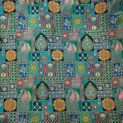 Pure Banarasi Dola Silk Soft Brocade with Multicolor Position Print on Teal Green Base