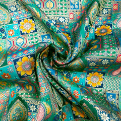 Pure Banarasi Dola Silk Soft Brocade with Multicolor Position Print on Teal Green Base