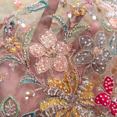 Multicolor Embroidered Floral butta with Floral Resham work Border on Beige Net