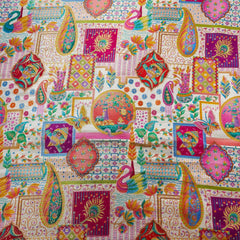 Pure Banarasi Silk Brocade with Multicolor Position of Swan & Paisley Print on White Base