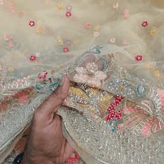 Multicolor Embroidered Floral butta with Floral Resham work Border on Beige Net