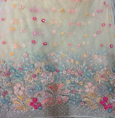 Multicolor Embroidered Floral butta with Floral Resham work Border on Beige Net