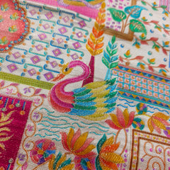 Pure Banarasi Silk Brocade with Multicolor Position of Swan & Paisley Print on White Base