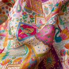 Pure Banarasi Silk Brocade with Multicolor Position of Swan & Paisley Print on White Base