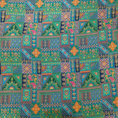 Pure Banarasi Dola Silk Soft Brocade with Multicolor Position Print on Green Base