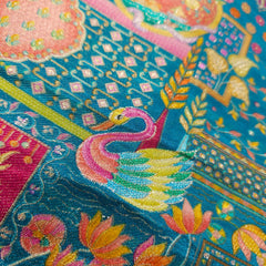 Pure Banarasi Silk Brocade with Multicolor Position of Swan & Paisley Print on Green Base