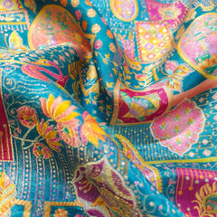 Pure Banarasi Silk Brocade with Multicolor Position of Swan & Paisley Print on Green Base