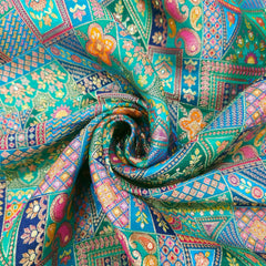 Pure Banarasi Dola Silk Soft Brocade with Multicolor Position Print on Green Base