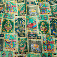 Pure Banarasi Silk Brocade with Multicolor Position of Animal & Floral Print on Green Base