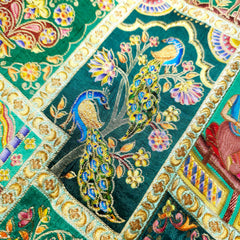Pure Banarasi Silk Brocade with Multicolor Position of Animal & Floral Print on Green Base