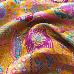 Pure Banarasi Silk Brocade with Multicolor Position of Swan & Paisley Print on Mustand Yellow Base
