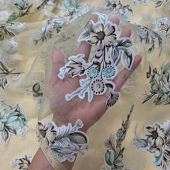 Pastel Yellow Brasso Organza Fabric with Mint Green Floral Digital Print