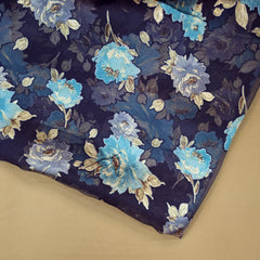 Floral Digital Print on Brasso Fabric with Navy Blue Base