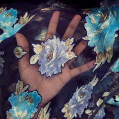 Floral Digital Print on Brasso Fabric with Navy Blue Base