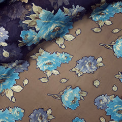 Floral Digital Print on Brasso Fabric with Navy Blue Base