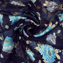 Floral Digital Print on Brasso Fabric with Navy Blue Base