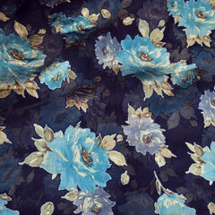 Floral Digital Print on Brasso Fabric with Navy Blue Base