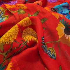 Multi-color Floral Digital Print on Scarlett Red Organza Fabric