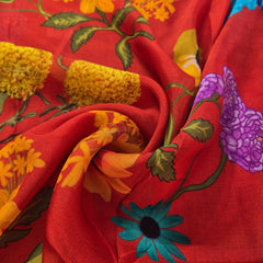Multi-color Floral Digital Print on Scarlett Red Organza Fabric