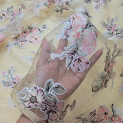 Pastel Yellow Brasso Organza Fabric with Light Peach Floral Digital Print