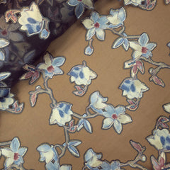 Floral Digital Print on Brasso Organza Fabric with Black Base