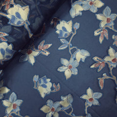Floral Digital Print on Brasso Fabric with Midnight Blue Base